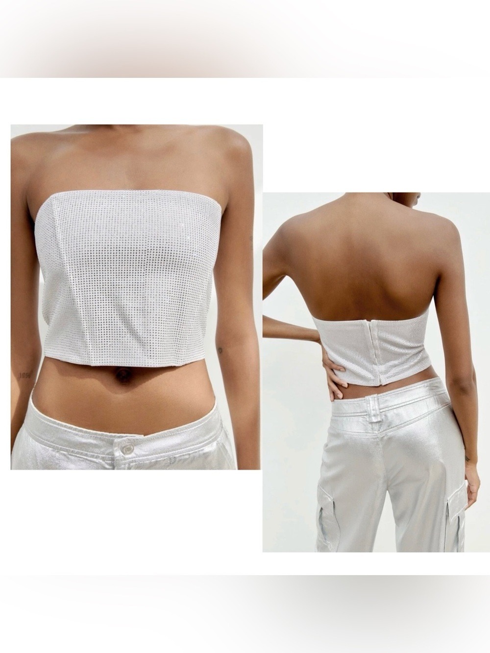 Zara White silver rhinestone embellished strapless corset bustier crop top Sz L - Picture 13 of 13